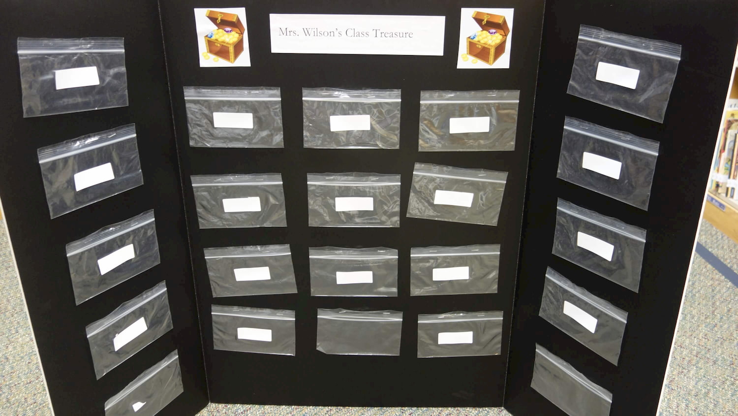Treasure coin collection board with snack size zip-top bags stapled to a foam tri-fold presentation board.