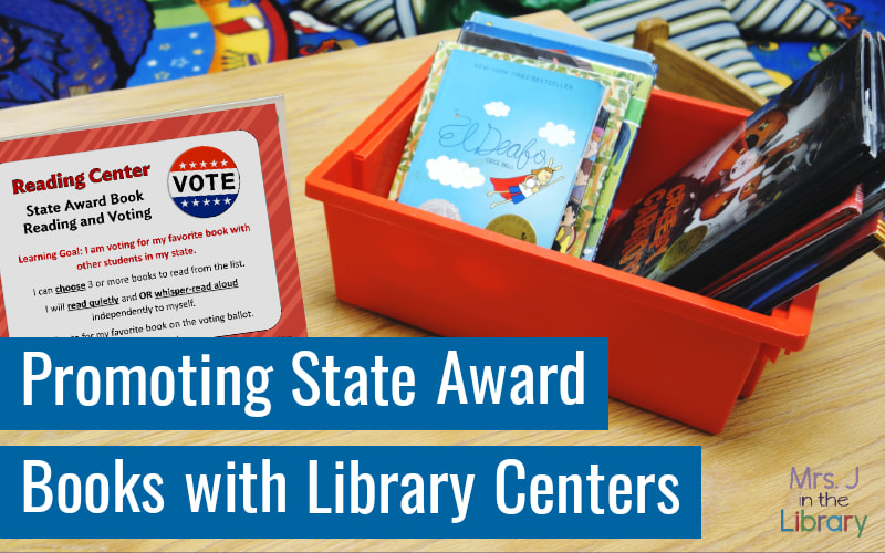 Plastic bin filled with books and center sign for State Award Book Voting Center by Mrs J in the Library.