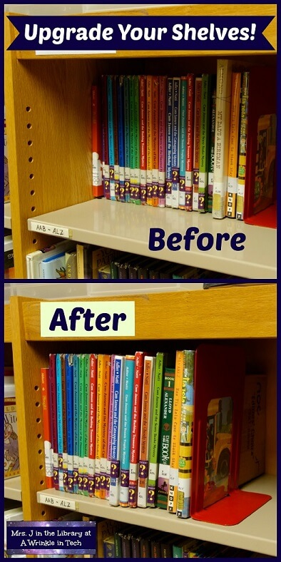 library books on a bookshelf show pushed all the way back in the before photo, and pulled all the way front in the after photo, with the caption Upgrade Your Shelves.
