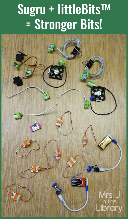Assorted littleBits pieces with matching colored Sugru reinforcing the connections on a wood table. Caption reads: Sugru + littleBits = Stronger Bits!| A Wrinkle in Tech by Mrs. J in the Library
