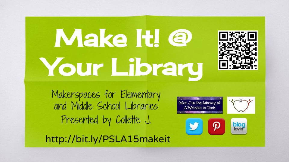 Screenshot of Slide 1 of the Google Slides presentation "Make It! @ Your Library" by Collette J. - White and black text on a bright green folded paper background.