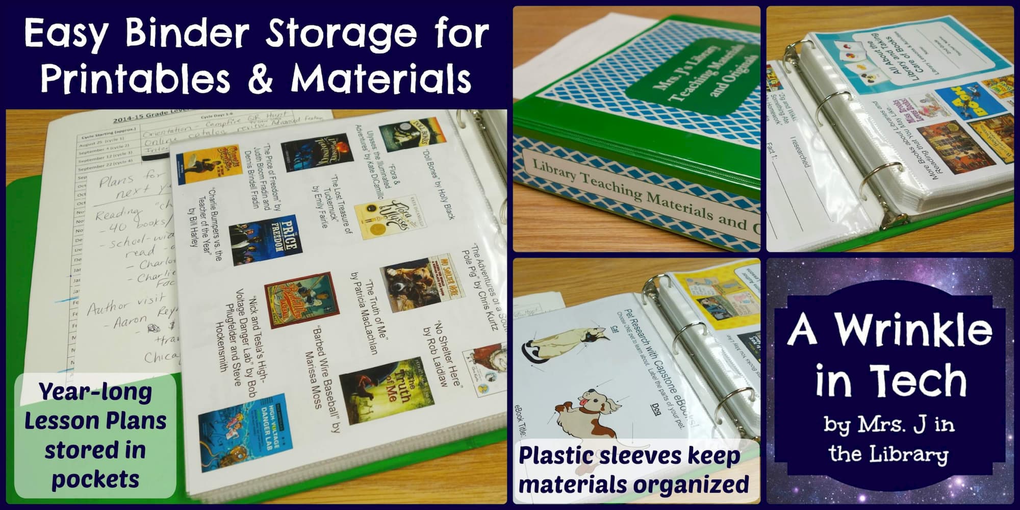 Collage of organization binder for library teaching materials with captions reading Easy Binder Storage for Printables & Materials, Year-long Lesson Plans stored in pockets, Plastic sleeves keep materials organized