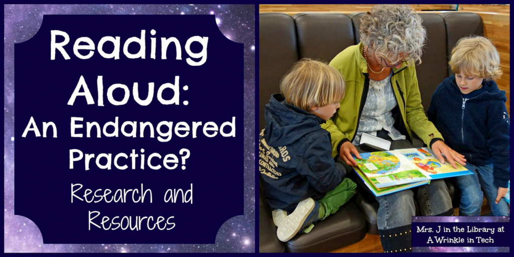 White text reading "Reading Aloud in School: An Endangered Practice? Research & Resources" on a starry galaxy background; an older woman and two school-aged boys read a book together.