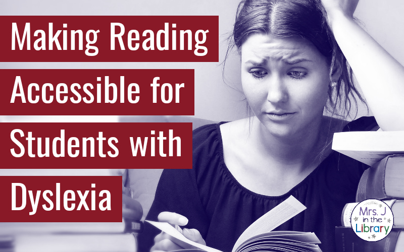 Anxious, frustrated female student reading next to a stack of books with caption: Making Reading Accessible for Students with Dyslexia.