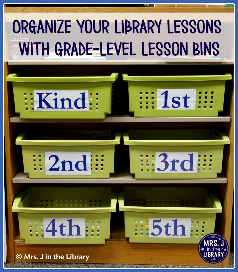 Indigo text on a white overlay reading "Organize Your Library Lessons with Grade-Level Lesson Bins" above a chair-height bookshelf with 4 shelves holding 6 bright green bins. Each bin has a different large label reading one of the following: "Kind" for kindergarten, "1st", "2nd", "3rd", "4th", and "5th" in purple text.