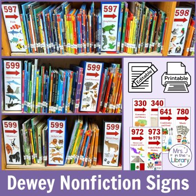 599 nonfiction library signs on shelves with editable and printable icons, and text: Dewey Nonfiction Signs