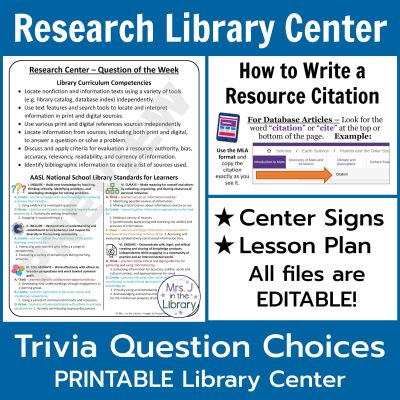 Collage of screenshots from the Question of the Week research library center with the title "Research Library Center: Trivia Question Choices PRINTABLE Library Center" and a caption "Center Signs and Lesson Plans; All files are EDITABLE!"