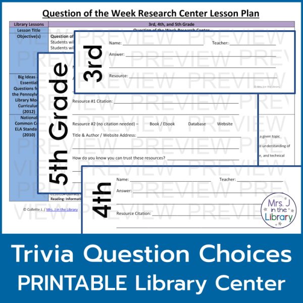 Screenshot of lesson plan and answer slips with caption "Trivia Question Choices PRINTABLE Library Center"