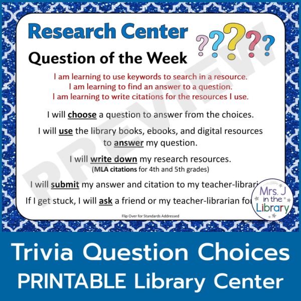 Screenshot of center sign with caption "Trivia Question Choices PRINTABLE Library Center"