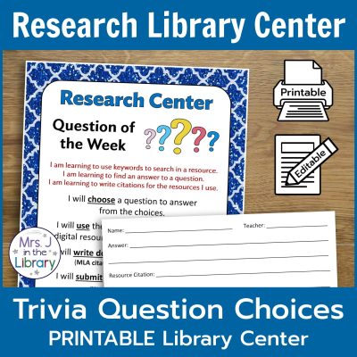 Photo of Trivia Question Research library center and answer slip on a wood background with the title "Research Library Center: Trivia Question Choices PRINTABLE Library Center"