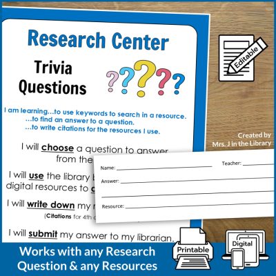 Printable research center signs and answer slip on desk with text: Works with any research question and any resources; Editable, Printable, Digital.