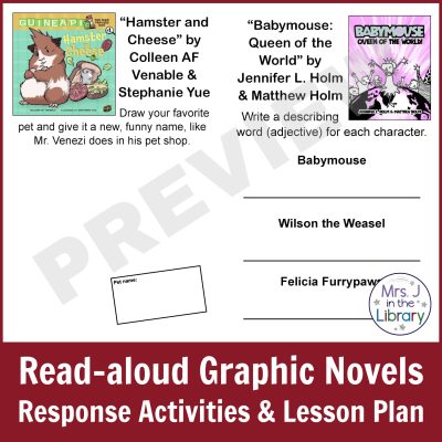 Square product image labeled "Read-aloud Graphic Novels Response Activities and Lesson Plan" showing 2 activities from the graphic novels activities booklet