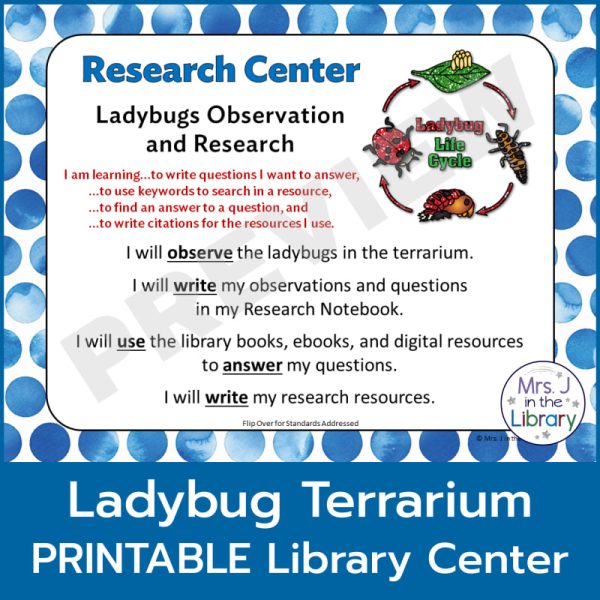 Ladybug Terrarium Research Center sign directions by Mrs. J in the Library, Text reads "Ladybug Terrarium PRINTABLE Library Center".