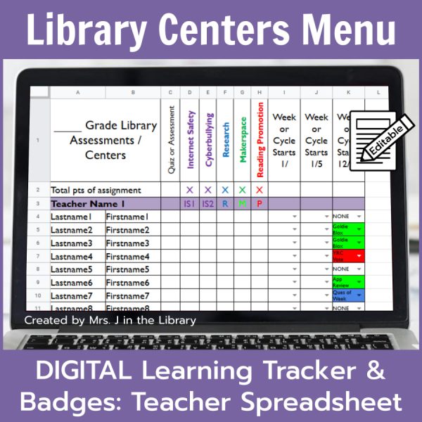 Open laptop on a white table shows the Library Assessments Spreadsheet from the Library Centers Digital Menu or Tracker.