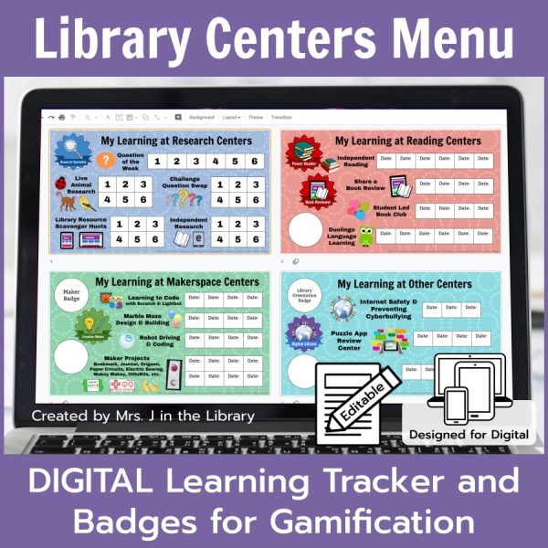 Library Centers Digital Menu / Tracker and Learning Badges thumbnail showing 4 Google Slides of "My Learning at...Research Centers, Reading & Language Centers, and Makerspace Centers".