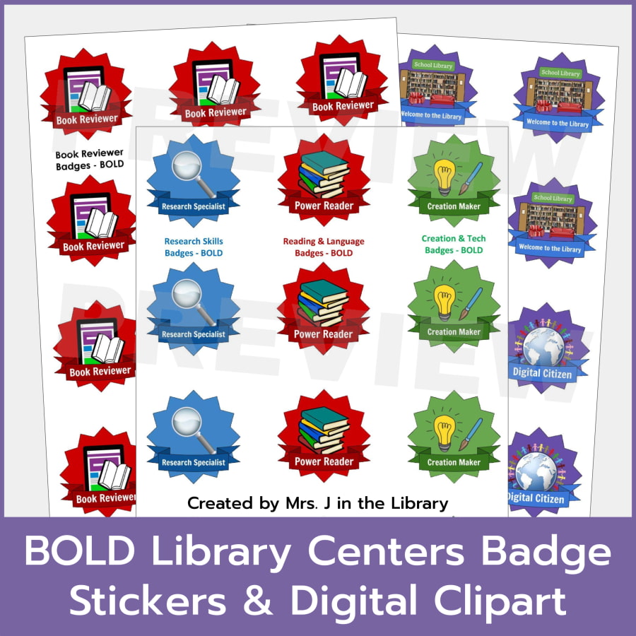 3 printable sheets of Library Centers Learning Badge stickers in yellow, blue, red, green, and and purple with various clipart for each center sticker.