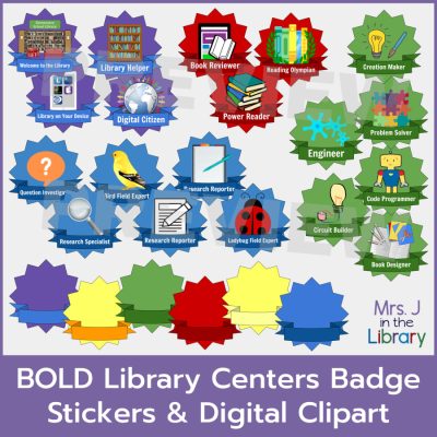 Library Centers Learning Badges in blue, green, red, and purple with various clipart for each center, plus 7 blank badge templates in purple, yellow, green, red, and blue