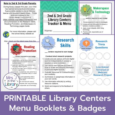 Screenshots of 2nd and 3rd Grade Library Centers Menu printable, editable booklet for school library instruction.