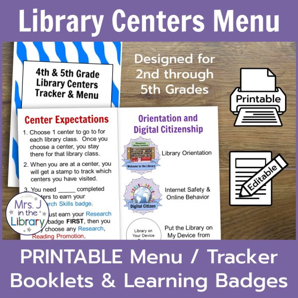 Library centers booklet on a wooden background with text: Designed for 2nd through 5th Grades; Printable Menu / Tracker Booklets and Learning Badges.