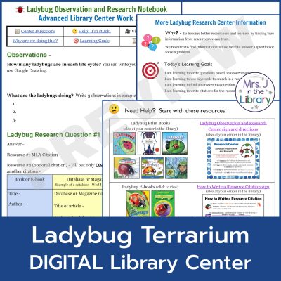Screenshots of lesson materials and student work pages in Ladybug Terrarium Digital Research Center by Mrs. J in the Library