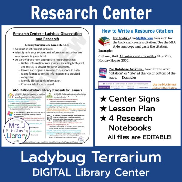 Screenshots of back of Ladybug Terrarium Digital Library Center signs & How to Write a Resource Citation reminder sheet; text box reading "Center Signs, Lesson Plans, 4 Research Notebooks, All files are EDITABLE!"