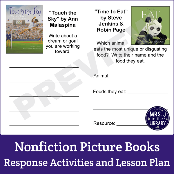 Square product image labeled "Nonfiction Picture Books Response Activities and Lesson Plan" showing 2 activities from the nonfiction read-aloud activities booklet