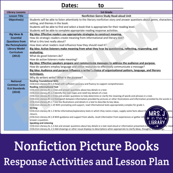 Square product image labeled "Nonfiction Picture Books Response Activities and Lesson Plan" showing a page from the lesson plan