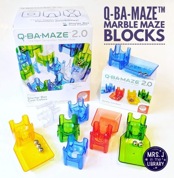 Q-BA-MAZE Cool Colors set and Marble Catchers on a white background with the text caption "Q-BA-MAZE Marble Maze Blocks"