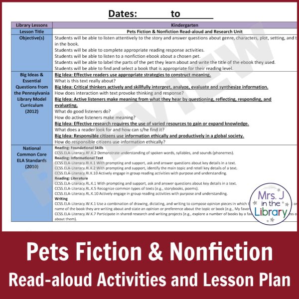Lesson plan screenshot in Pets Fiction and Nonfiction Read-aloud Unit.