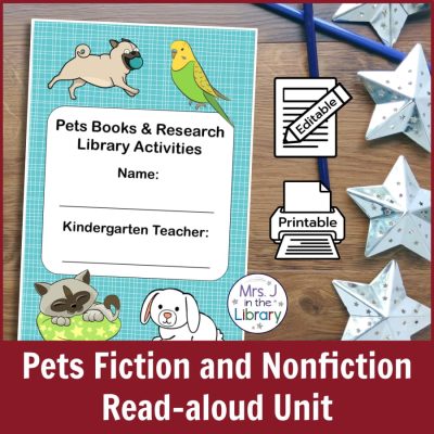 Cover of Pets Fiction and Nonfiction Read-aloud Unit activity booklet on a wood background with icons for printable and editable.