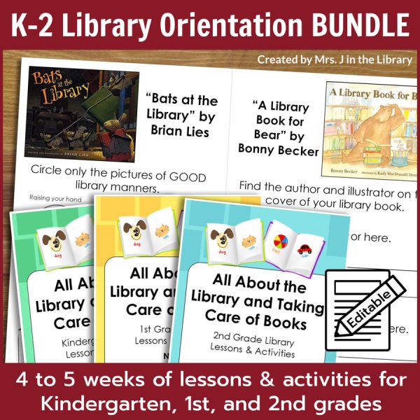 Printable read-aloud activity booklets with text: K-2 Library Orientation BUNDLE, and 4 to 5 weeks of lessons and activities for Kindergarten, 1st, and 2nd grades.