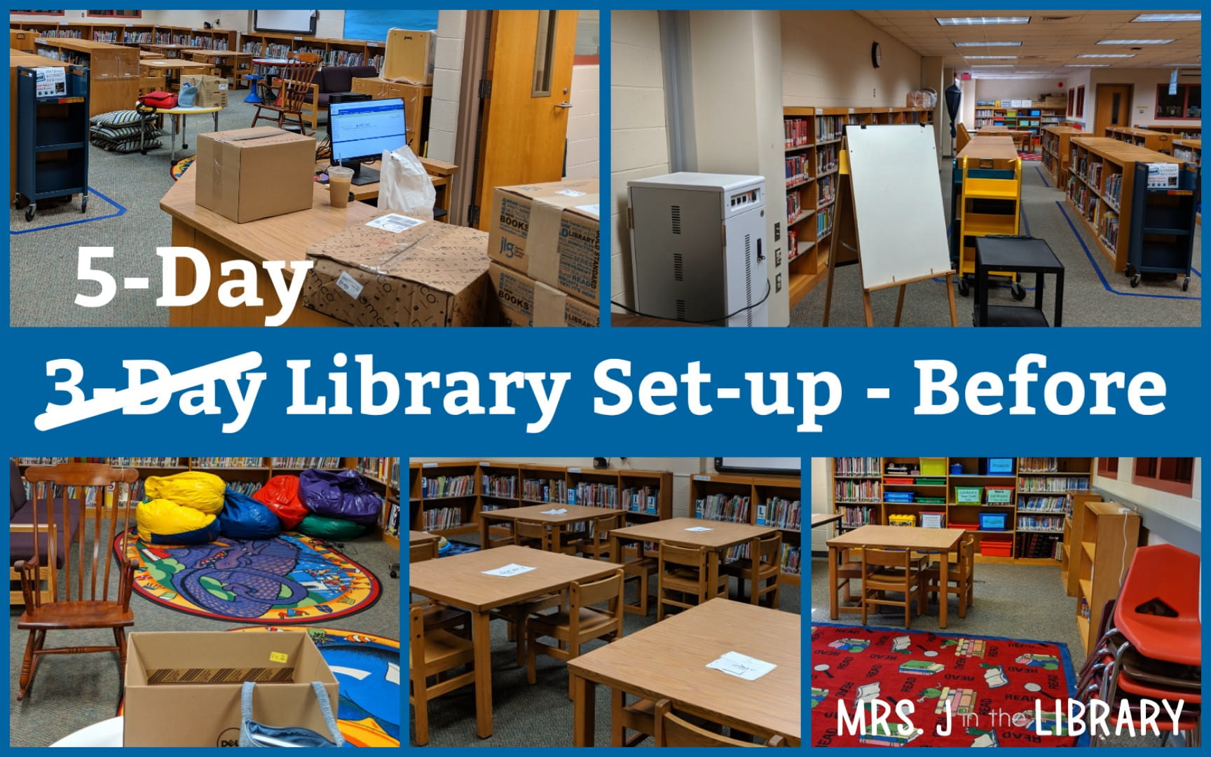 collage of photos of the school library space before the 5-Day Library Set-up began.