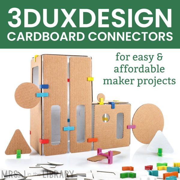 3DuxDesign cardboard pieces connected with connectors in the shape of a house or building. Several pieces of cardboard and colorful connectors are scattered in front with the title "3DuxDesign Cardboard Connectors for easy and affordable maker projects"