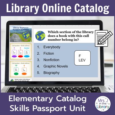 Library Catalog Skills Passport Unit screenshot of lesson presentation and activities