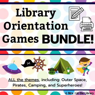 Text boxes reading "Library Orientation Games Bundle" and "ALL the themes, including Outer Space, Pirates, Camping, and Superheroes!" next to a printer icon with theme clipart images on a colorful polka-dot background.