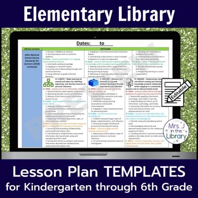 Elementary Library Lesson Plan Templates for Kindergarten through 6th Grade by Mrs. J in the Library: screenshots of template documents with icons to denote that this product is editable.