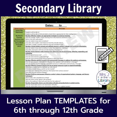 Secondary Library Lesson Plan Templates for Grades 6th through 12th by Mrs. J in the Library: screenshots of template documents with icons to denote that this product is editable.