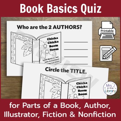 Author and title pages in Library Book Basics Quiz booklet for parts of a book, author, illustrator, fiction and nonfiction.
