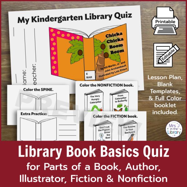 Cover and pages of Library Book Basics Quiz booklet for parts of a book, author, illustrator, fiction and nonfiction.