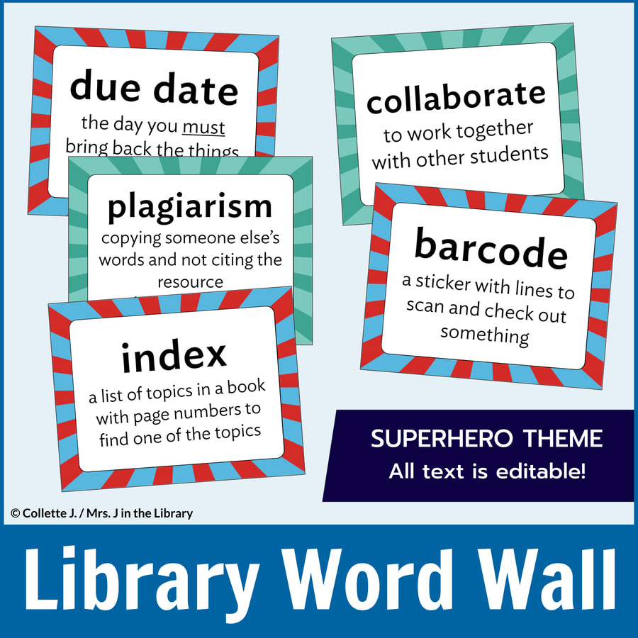 5 sample words & definitions for a library word wall with text: Library Word Wall, Superhero theme, all text is editable.