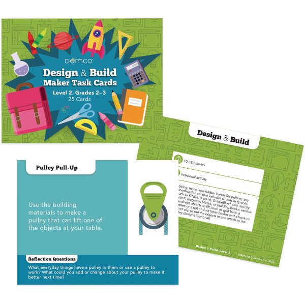 Sample card from Demco® Maker Task Cards for 2nd and 3rd grade students to design and build a Pulley Pull-up: Use the building materials to make a pulley that can lift one of the objects at your table. Reflection Questions: What everyday things have a pulley in them or use a pulley to work? What could you add or change about your pulley to make it better next time? Design & Build activity details: 10-15 minutes, individual activity, list of materials needed.