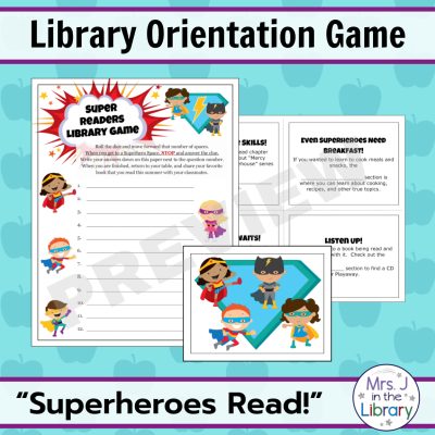 Superhero Theme Library Orientation Life-Size Board Game by Mrs. J in the Library - Screenshots of clue cards and answer sheet with text "Library Orientation Game" and "Superheroes Read!"