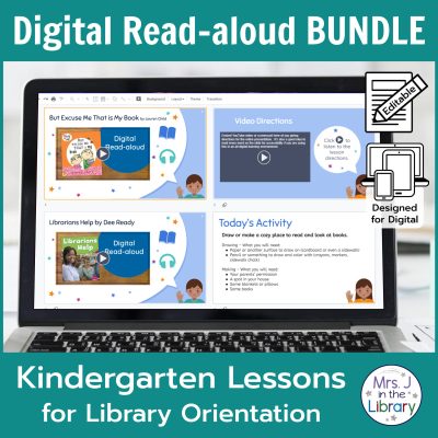 Laptop computer screen showing direction slides of Kindergarten Library Orientation Digital Read-aloud Bundle.