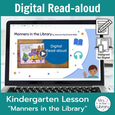 Laptop computer screen showing "Manners in the Library" Digital Read-aloud title slide with 2 banners reading Digital Read-aloud and Kindergarten Lesson "Manners in the Library"