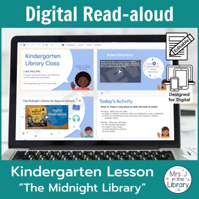 Laptop computer screen showing "The Midnight Library" Digital Read-aloud lesson slides with 2 banners reading Digital Read-aloud and Kindergarten Lesson "The Midnight Library"
