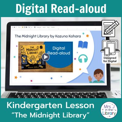 Laptop computer screen showing "The Midnight Library" Digital Read-aloud title slide with 2 banners reading Digital Read-aloud and Kindergarten Lesson "The Midnight Library"