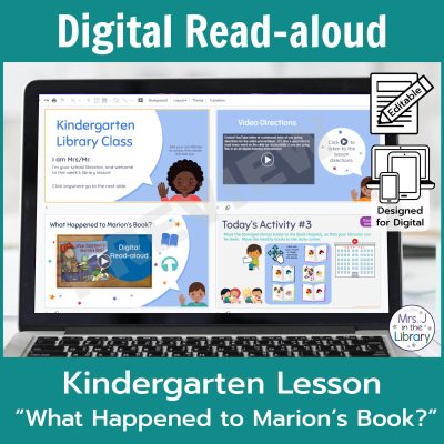 Laptop computer screen showing "What Happened to Marion's Book?" Digital Read-aloud activities with 2 banners reading Digital Read-aloud and Kindergarten Lesson "What Happened to Marion's Book?"