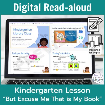 Laptop computer screen showing "But Excuse Me That is My Book" Digital Read-aloud activities with 2 banners reading Digital Read-aloud and Kindergarten Lesson "But Excuse Me That is My Book"