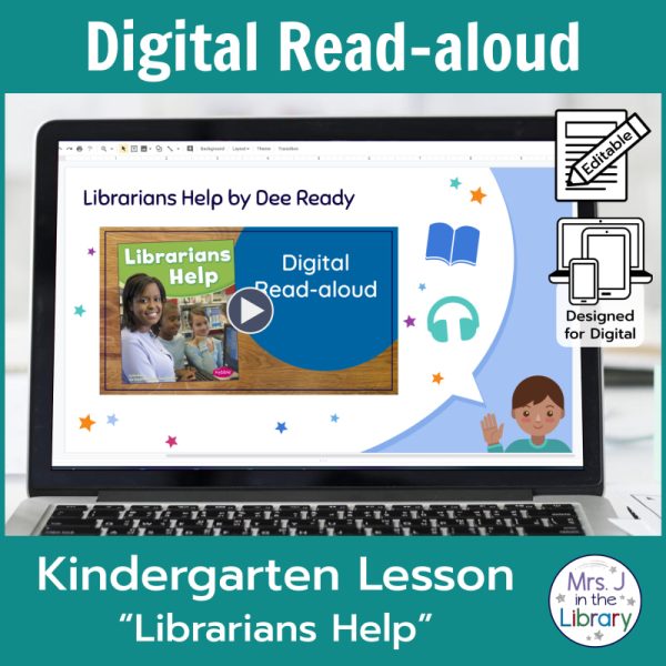Laptop computer screen showing "Librarians Help" Digital Read-aloud title slide with 2 banners reading Digital Read-aloud and Kindergarten Lesson "Librarians Help"