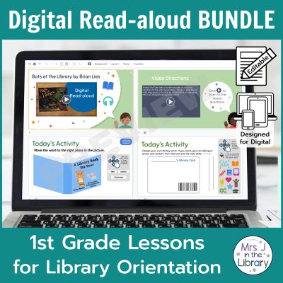 Laptop screen with sample slides in the 1st Grade Digital Read-aloud Orientation Bundle including Bats at the Library